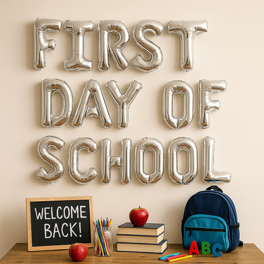 16 inch silver letter balloons spelling First Day of School