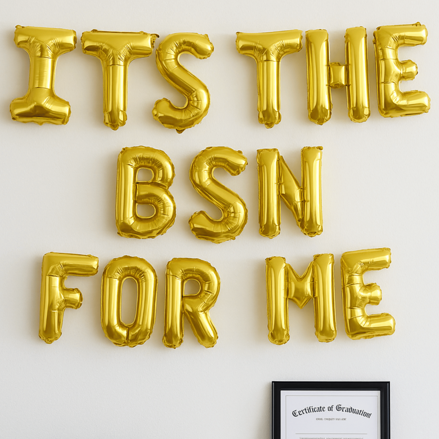 Gold foil letter balloons spelling BSN for nursing school graduation party