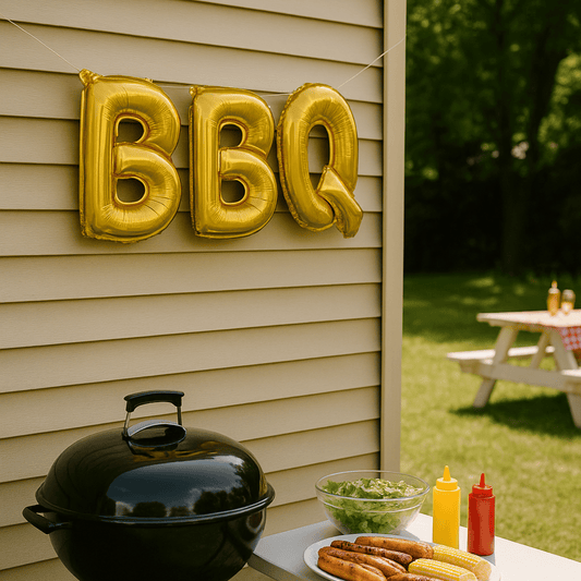 Gold foil letter balloons spelling BBQ for summer cookout party