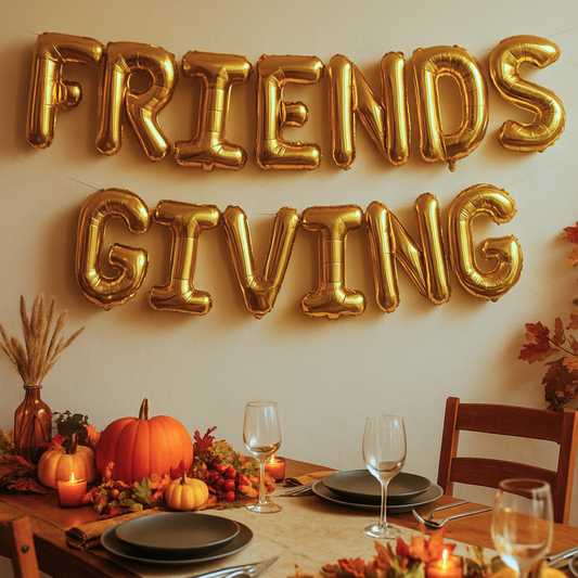 Gold foil balloon banner spelling Friendsgiving for fall gathering or Thanksgiving with friends