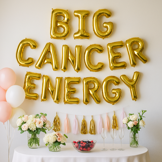July birthday banner that reads Big Cancer Energy in gold balloon letters.