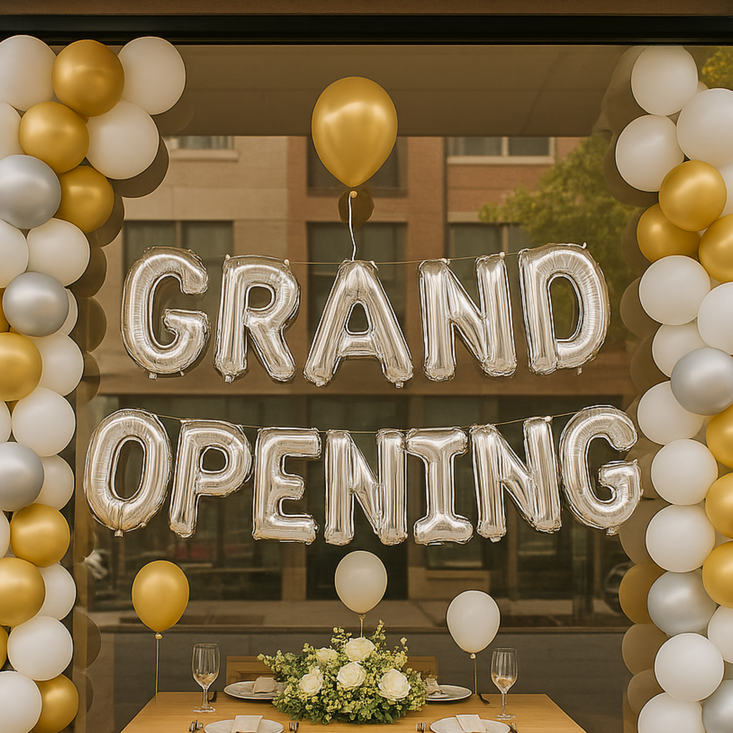 Silver foil 'GRAND OPENING' balloons hanging as storefront decoration