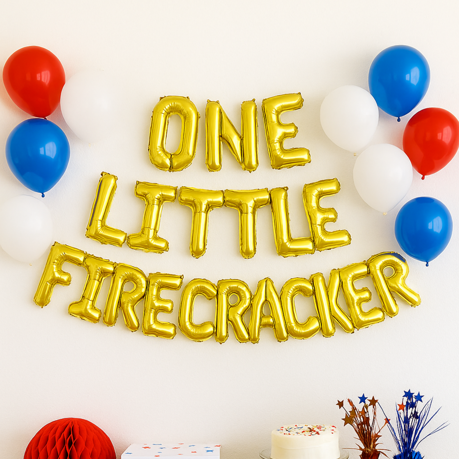 One Little Firecracker 16 inch foil letter balloon banner for July 4th first birthday