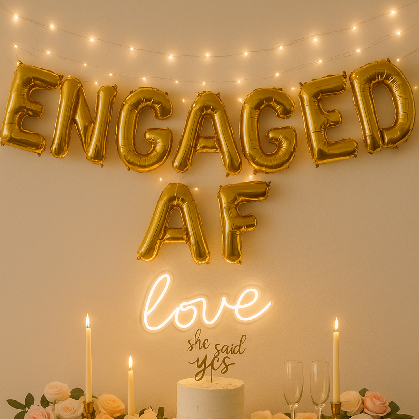 Gold foil 'ENGAGED' balloons hanging as party backdrop