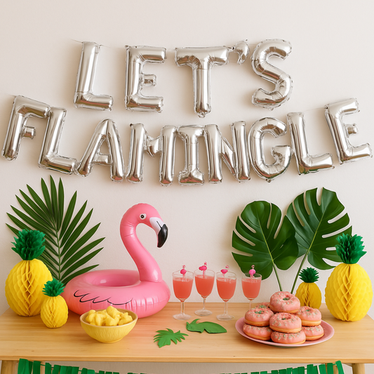 Let’s Flamingle silver foil balloon banner for tropical party backdrop