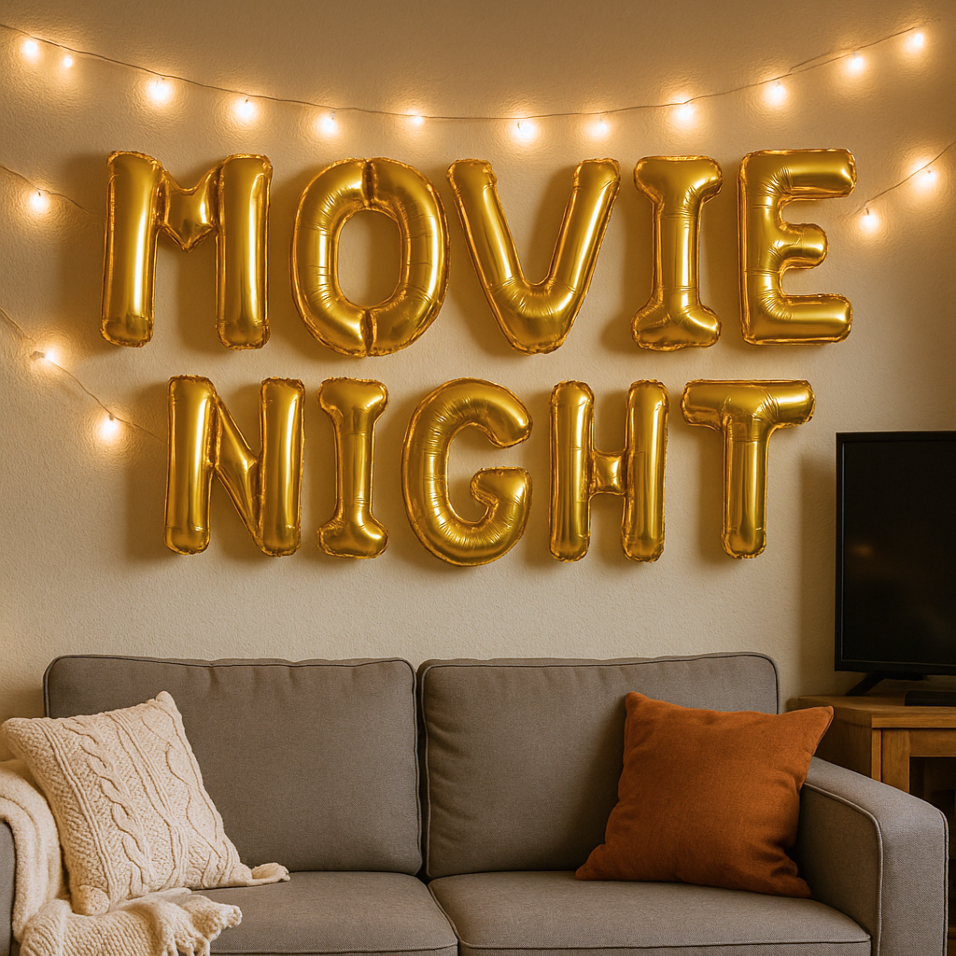 Gold foil balloon letters spelling MOVIE NIGHT hanging on a wall