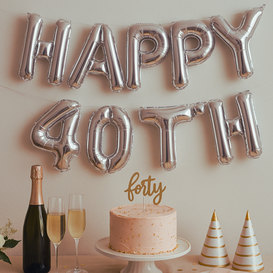 Happy 40th Birthday silver foil balloon banner for party backdrop