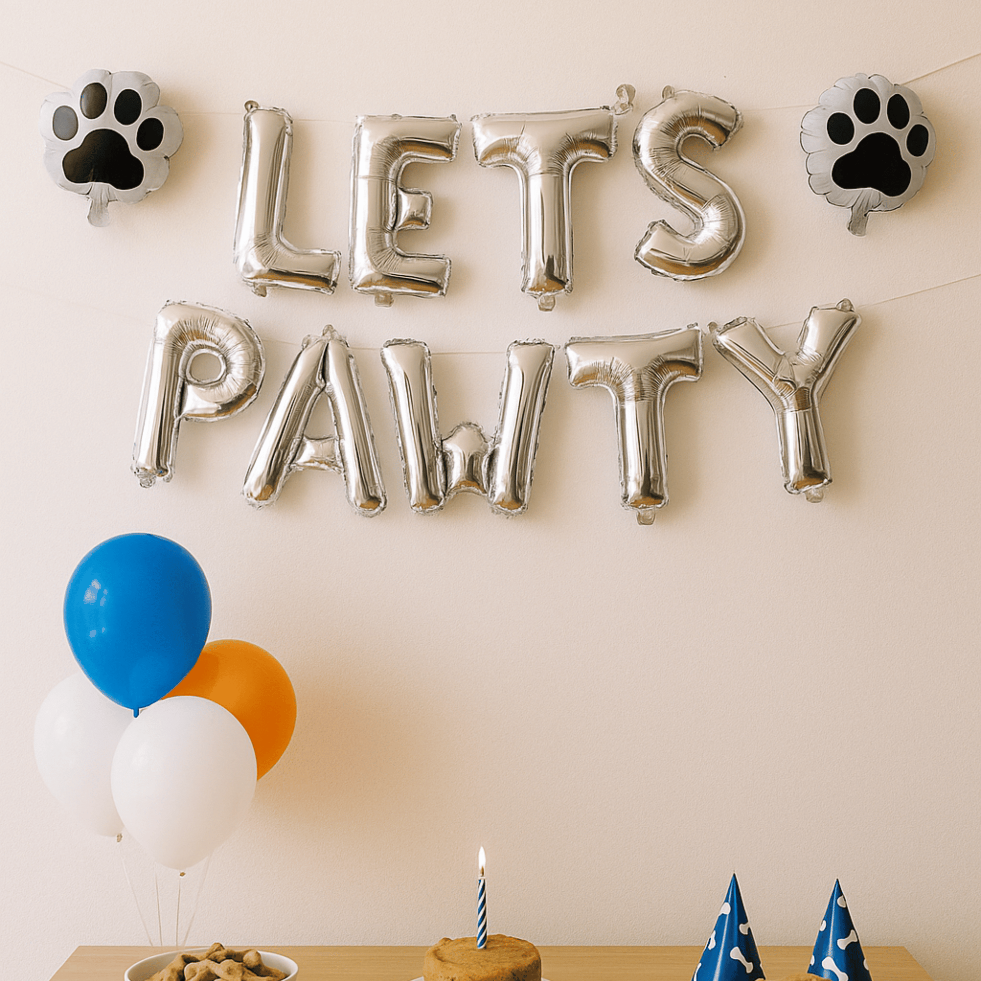 Let’s Pawty foil balloon banner for dog birthday party backdrop