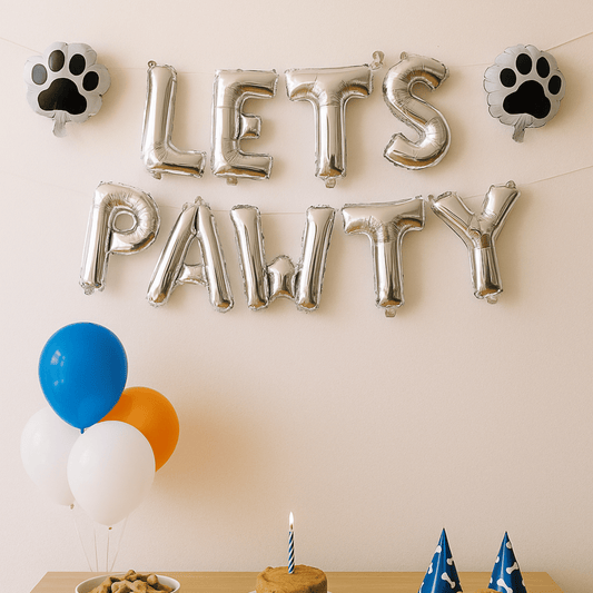 Let’s Pawty foil balloon banner for dog birthday party backdrop