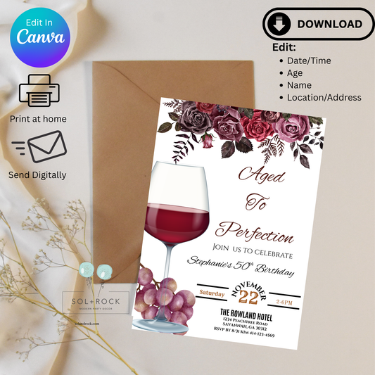 Birthday invitation card with wine glass and flowers on a beige background