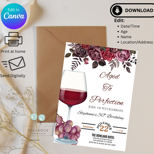 Birthday invitation card with wine glass and flowers on a beige background