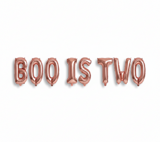 Boo Is Two in rose gold foil letter balloons on white background. All letters should be the same size with no strings.