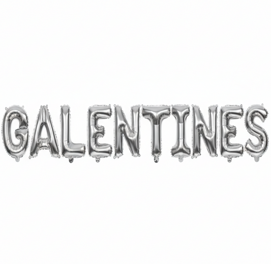 GALENTINES in silver foil letter balloons on white background. All letters should be the same size with no strings.