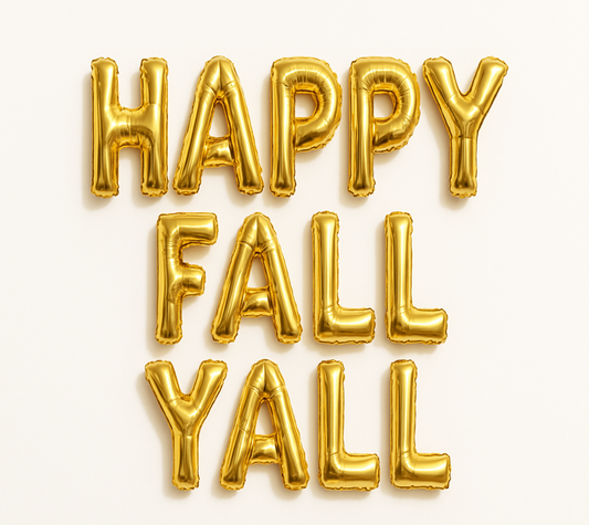 HAPPY FALL YALL in gold foil letter balloons on white background. All letters should be the same size with no strings.