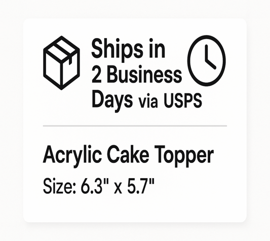 Shipping details that states that the order ships in 2 business days USPS. The size of the cake topper is 6.3 inches x 5.7 inches. the cake topper is acrylic.