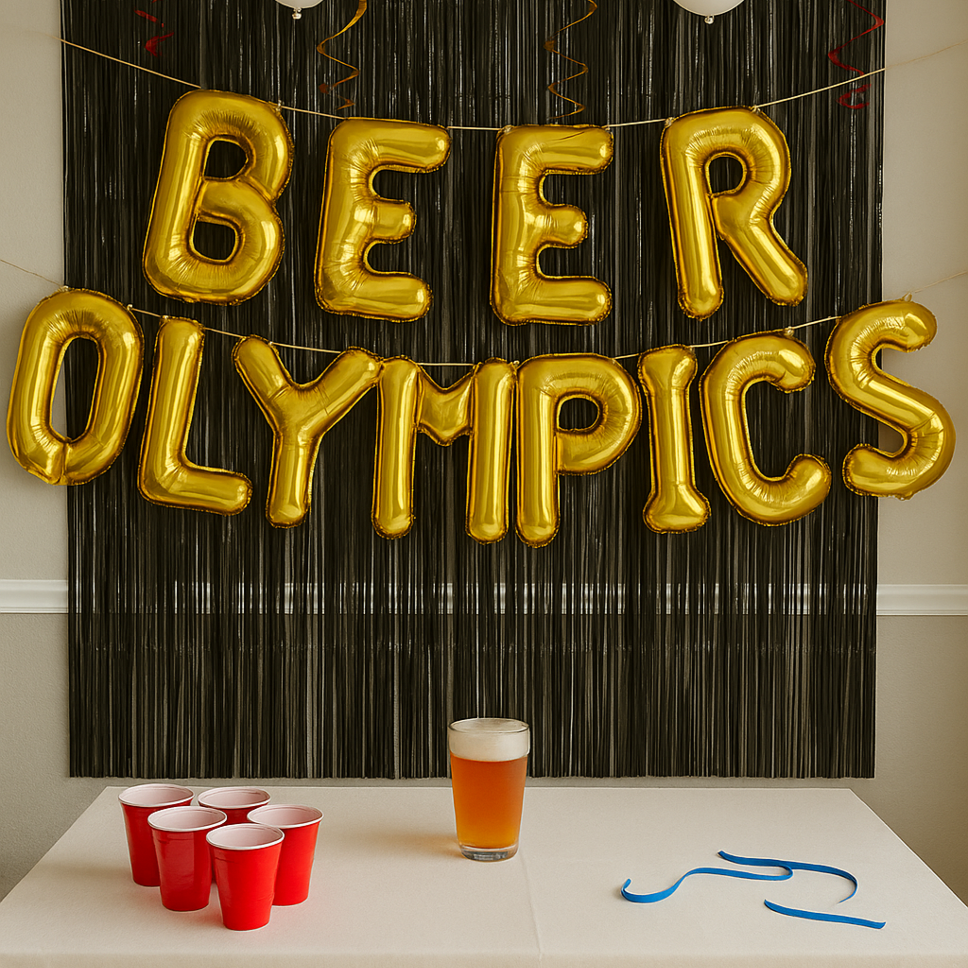 Gold BEER OLYMPICS foil letter balloon banner. Each letter is 16 inches.
