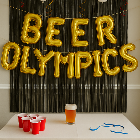 Gold BEER OLYMPICS foil letter balloon banner. Each letter is 16 inches.