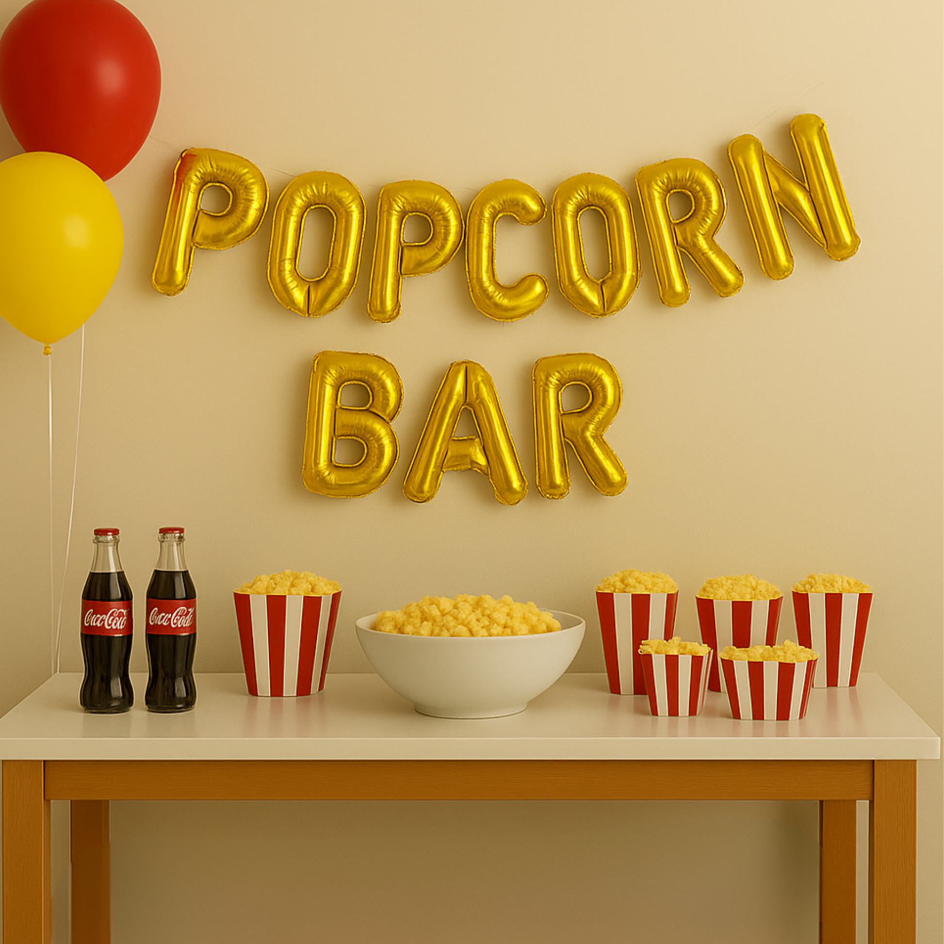 Movie night popcorn bar balloon decor on a concession table
