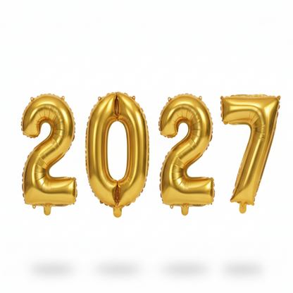 2027 in gold foil letter balloons on white background.