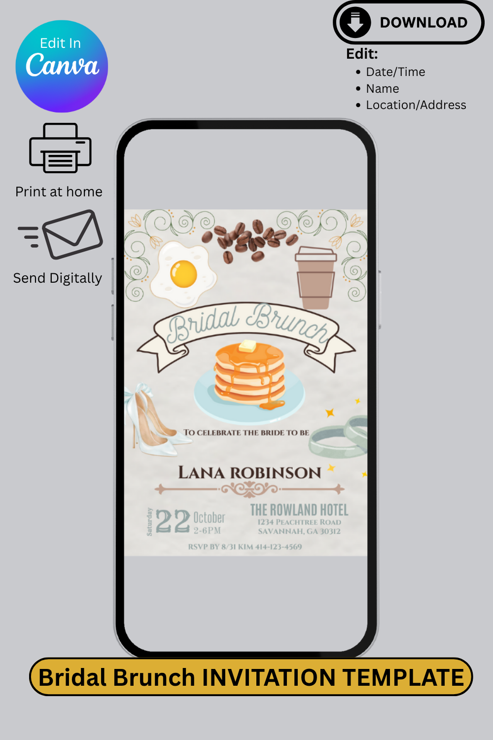 Brunch Invitation Template – Editable Invitation for Birthday, Bridal or Baby Shower