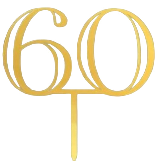 Gold '60' number cake topper on a gray background