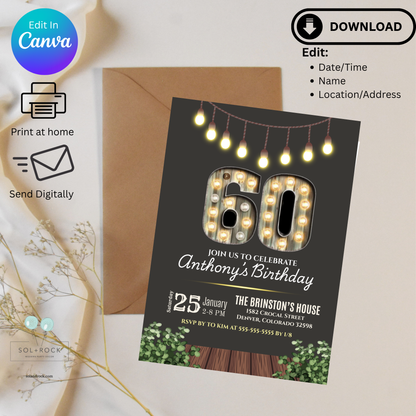 60th birthday invitation card with envelope on a light background