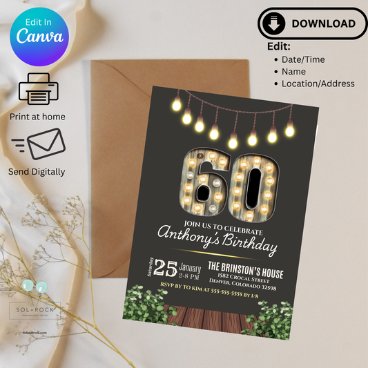 60th birthday invitation card with envelope on a light background