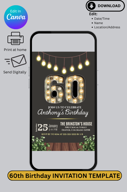 60th Birthday Invitation Template on a smartphone screen with Canva branding.
