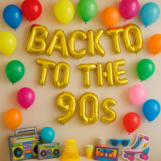 Gold foil 'BACK TO THE 90S' balloons hanging as party backdrop