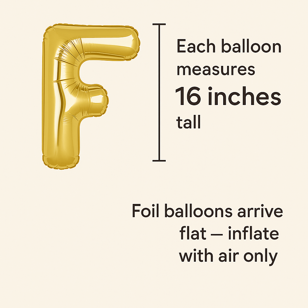Gold letter 'F' foil balloon with measurement details 
