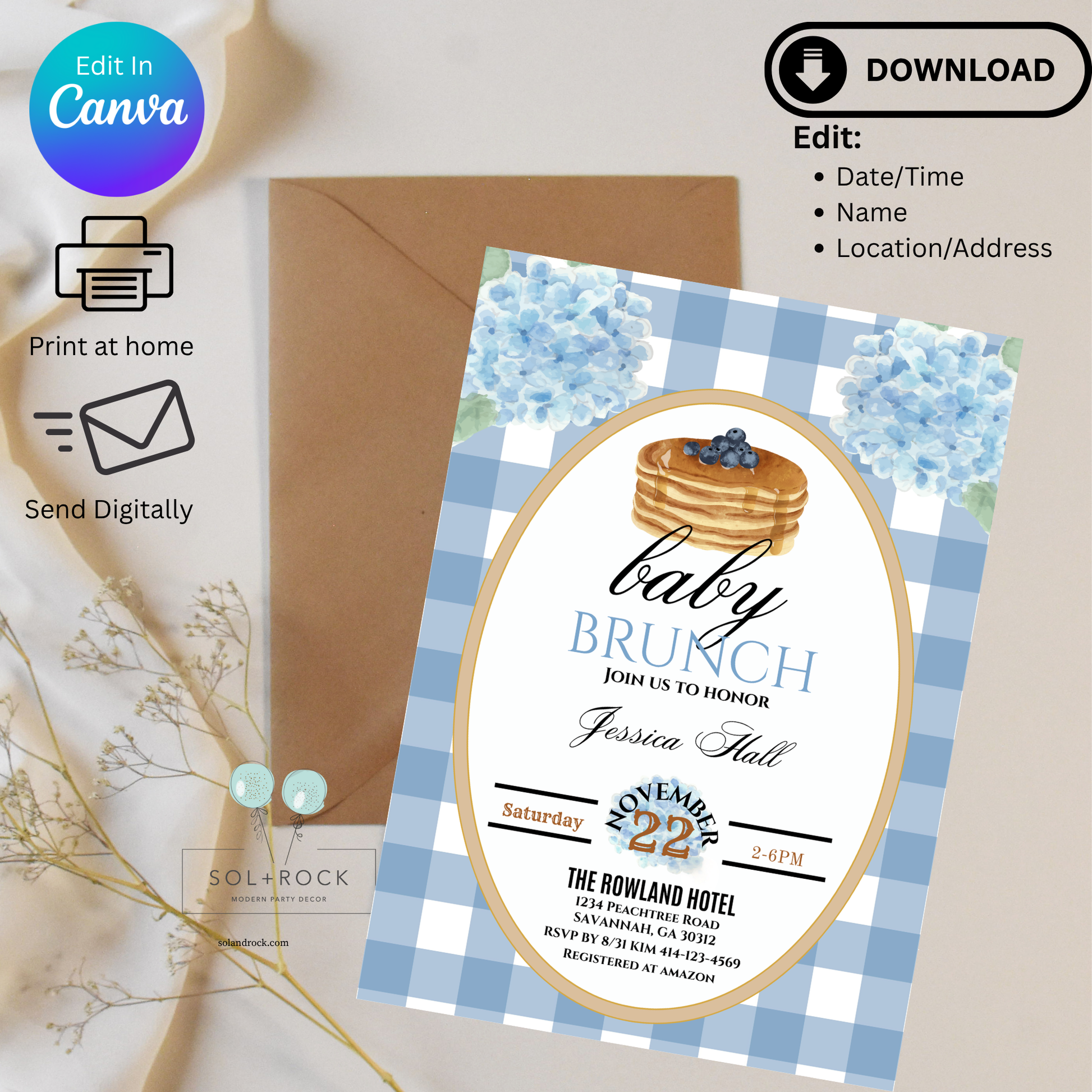 Baby shower invitation with pie illustration and checkered pattern on a beige background