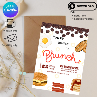 Brunch invitation card with food illustrations and envelope on a light background