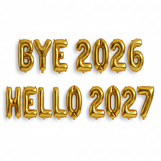 balloon banner reading Bye 2026 Hello 2027 for New Year’s party
