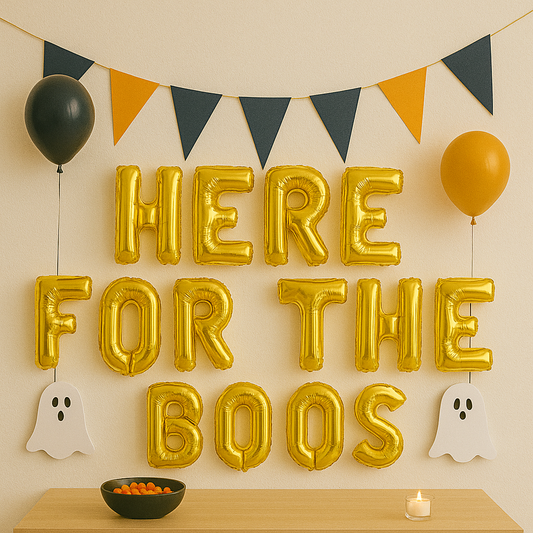 Halloween-themed decorations with gold letter balloons spelling 'HERE FOR THE BOOS', ghost balloons, and a bowl of oranges on a table.