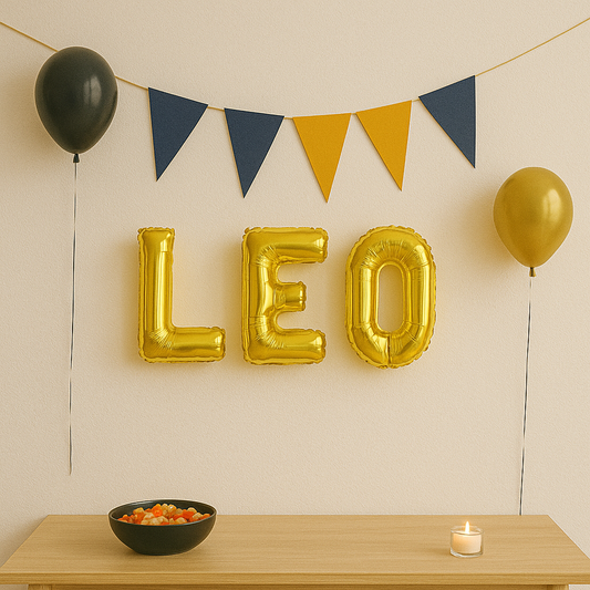 Gold 'LEO' balloons with a table, bowl, and candle against a beige wall with a banner and balloons.