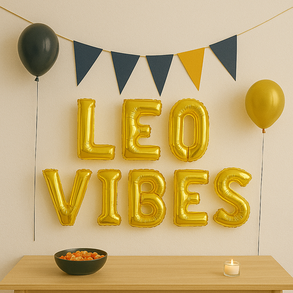 Gold 'LEO VIBES' balloons with a table, bowl, and candle on a light background