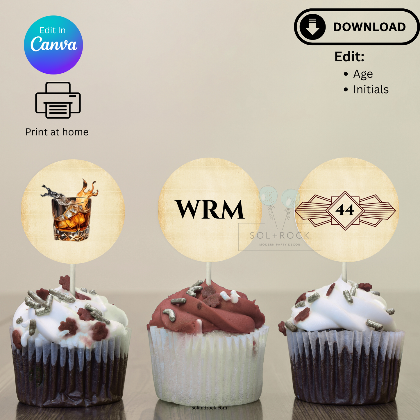 Editable Aged to Perfection Cupcake Toppers - Vintage Birthday Printable Decor - 2 inch Printable Party Tags - Instant Canva Template