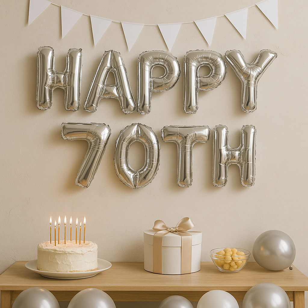 Silver 'HAPPY 70TH' balloons on a wall with a cake, gift, and balloons on a table below.