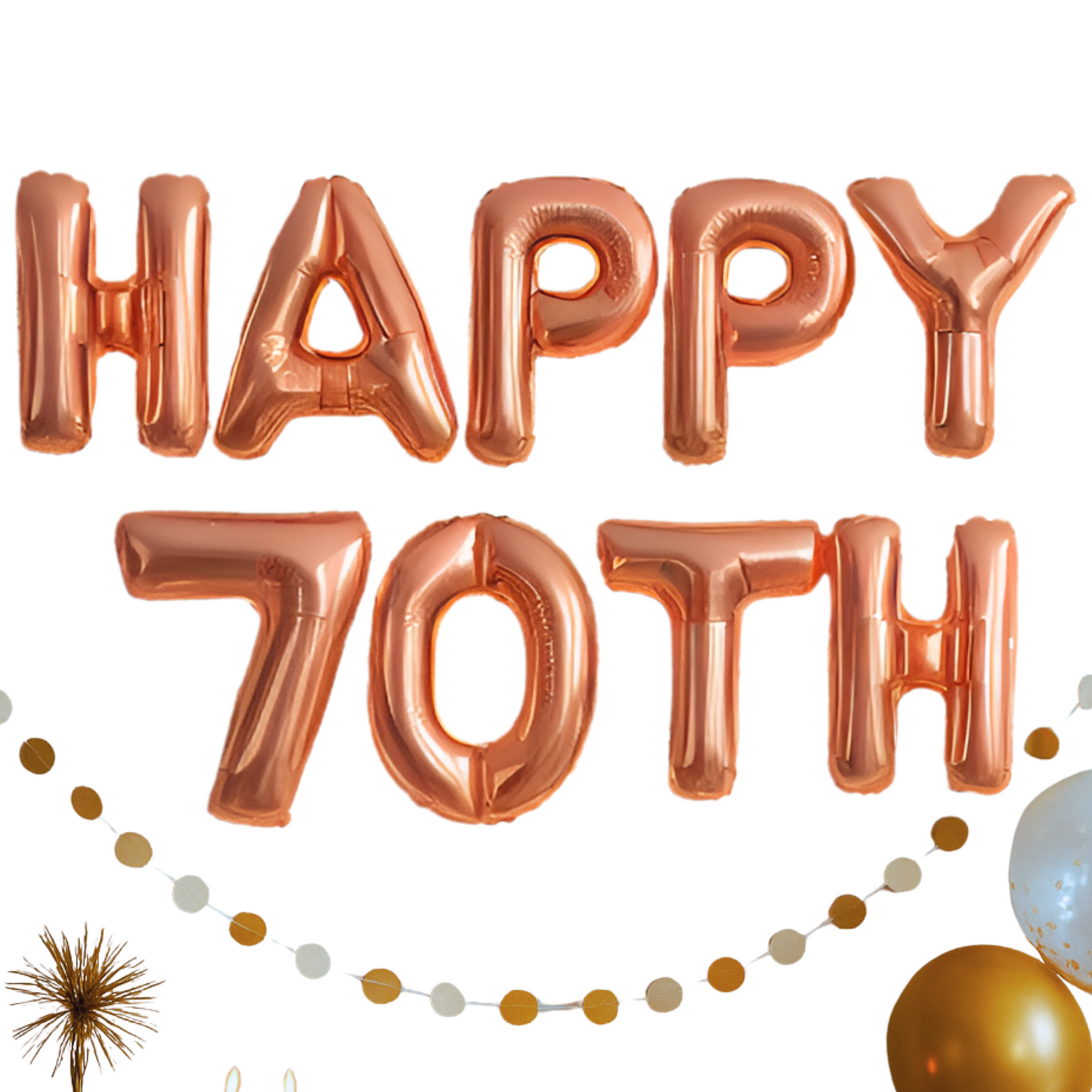 Rose gold 'Happy 70th' balloon set with decorative elements on a white background