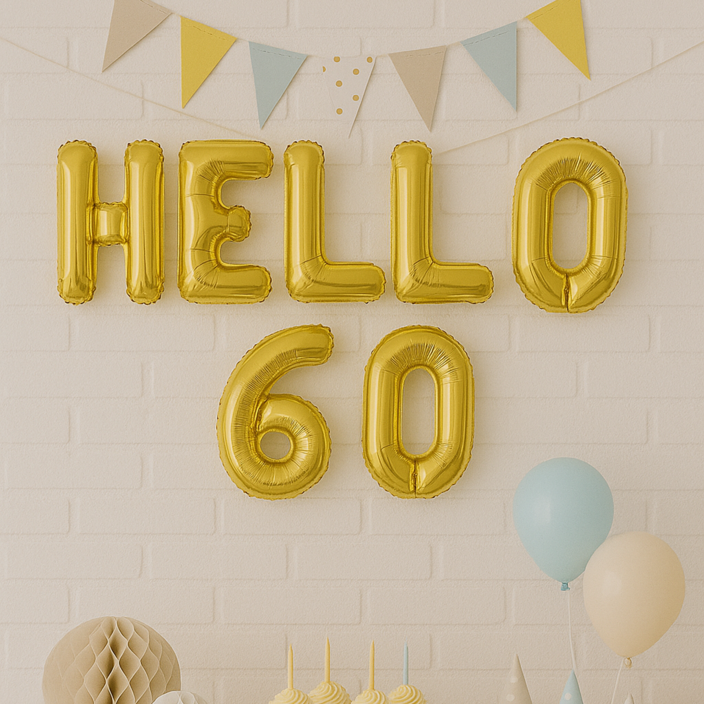 Gold 'HELLO 60' balloons against a light brick wall with decorative elements.