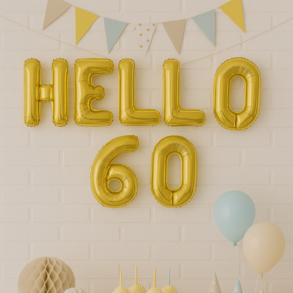 Gold 'HELLO 60' balloons against a light brick wall with decorative elements.