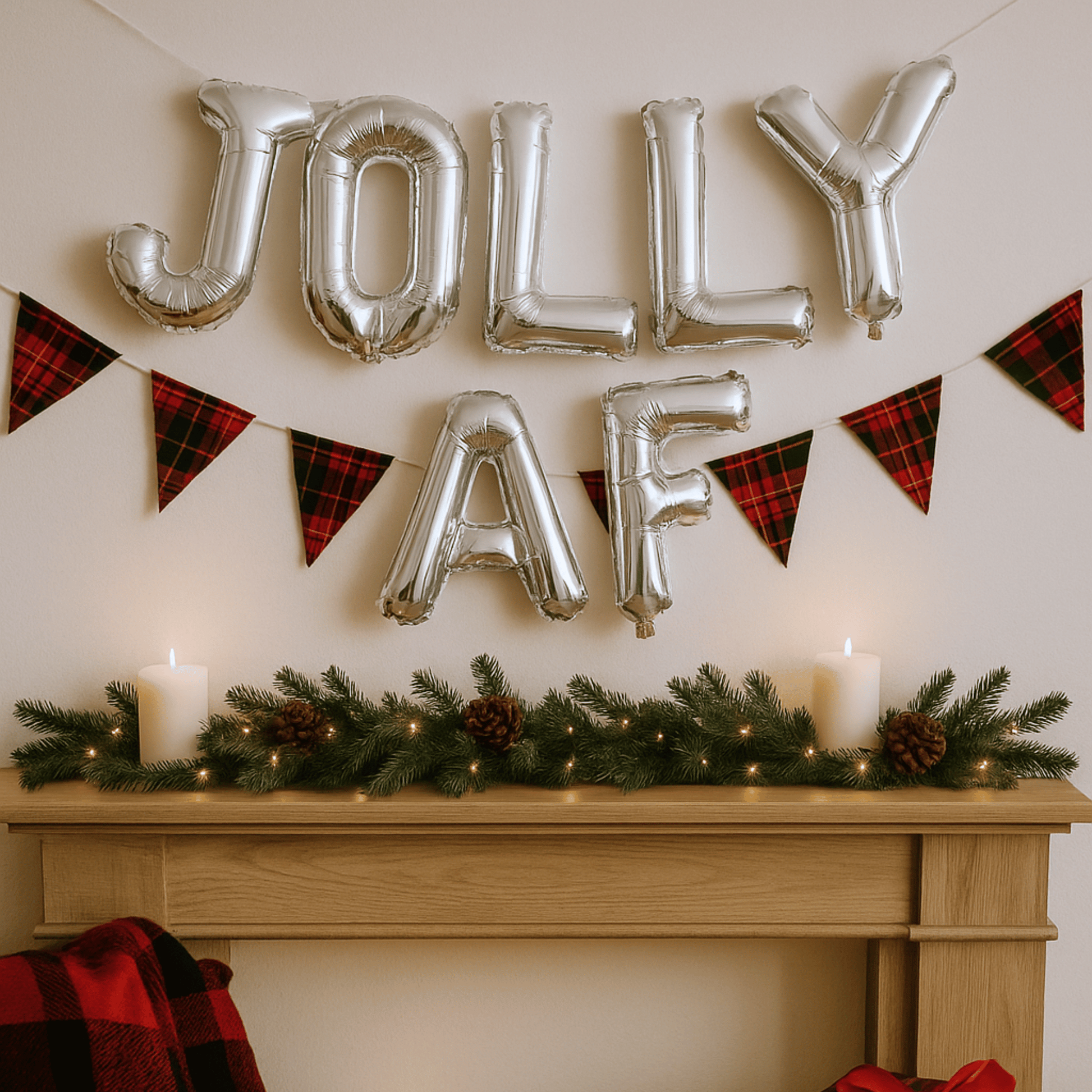 Jolly AF foil balloon banner for Friendsmas Christmas party