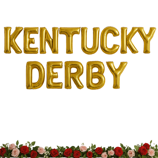 Gold 'Kentucky Derby' balloons with floral decorations at the bottom on a white background