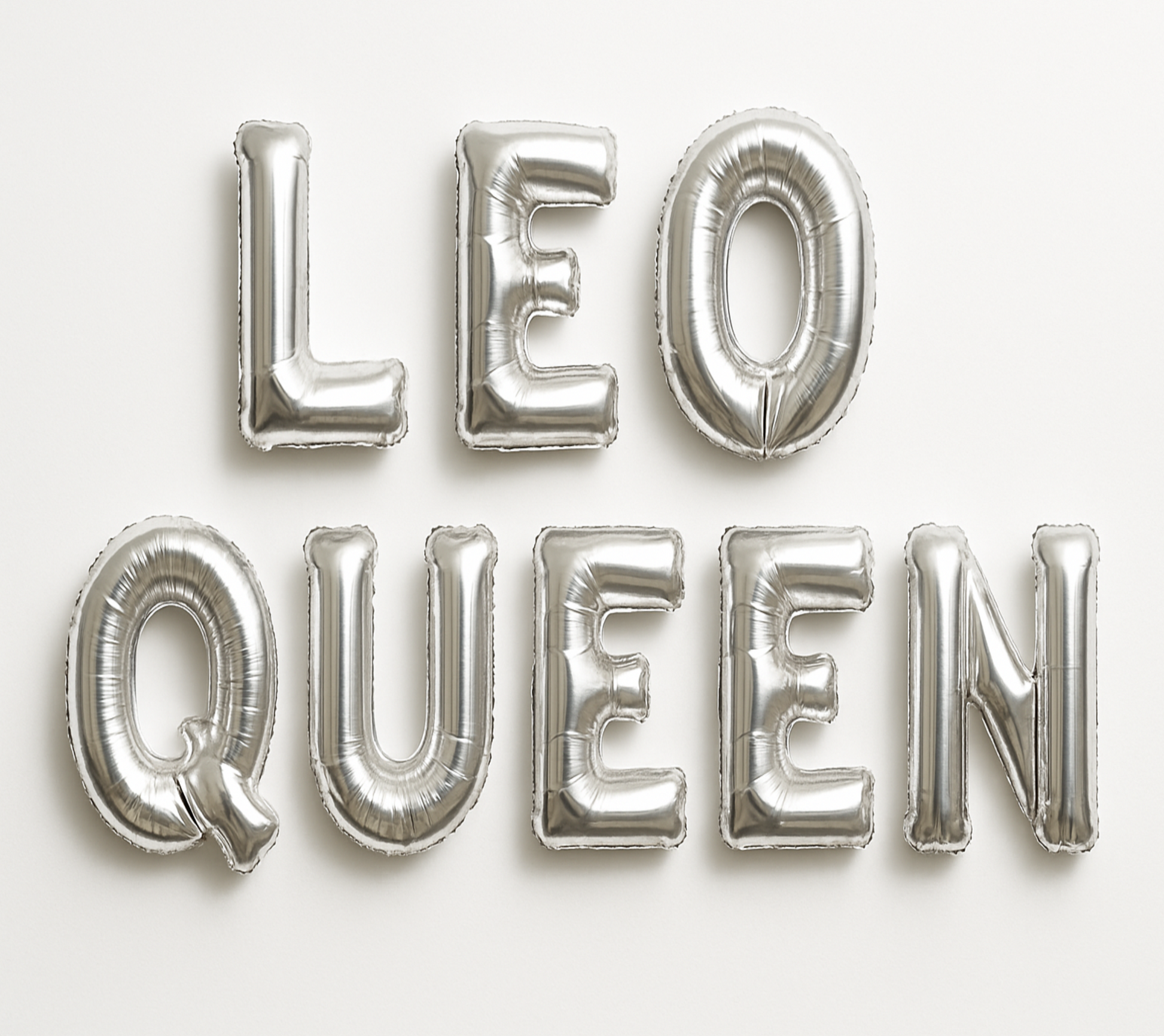 LEO QUEEN in silver foil letter balloons on white background. 
