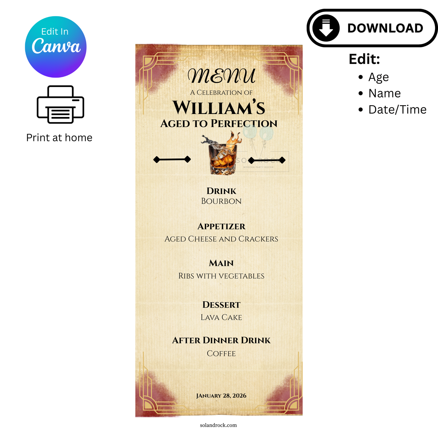 Menu card for a celebration of 'William's Aged to Perfection' with drink, appetizer, main course, dessert, and after dinner drink details.