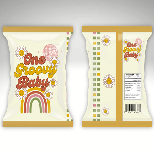 Two packaging designs for 'One Groovy Baby' with retro-style graphics on a gray background.