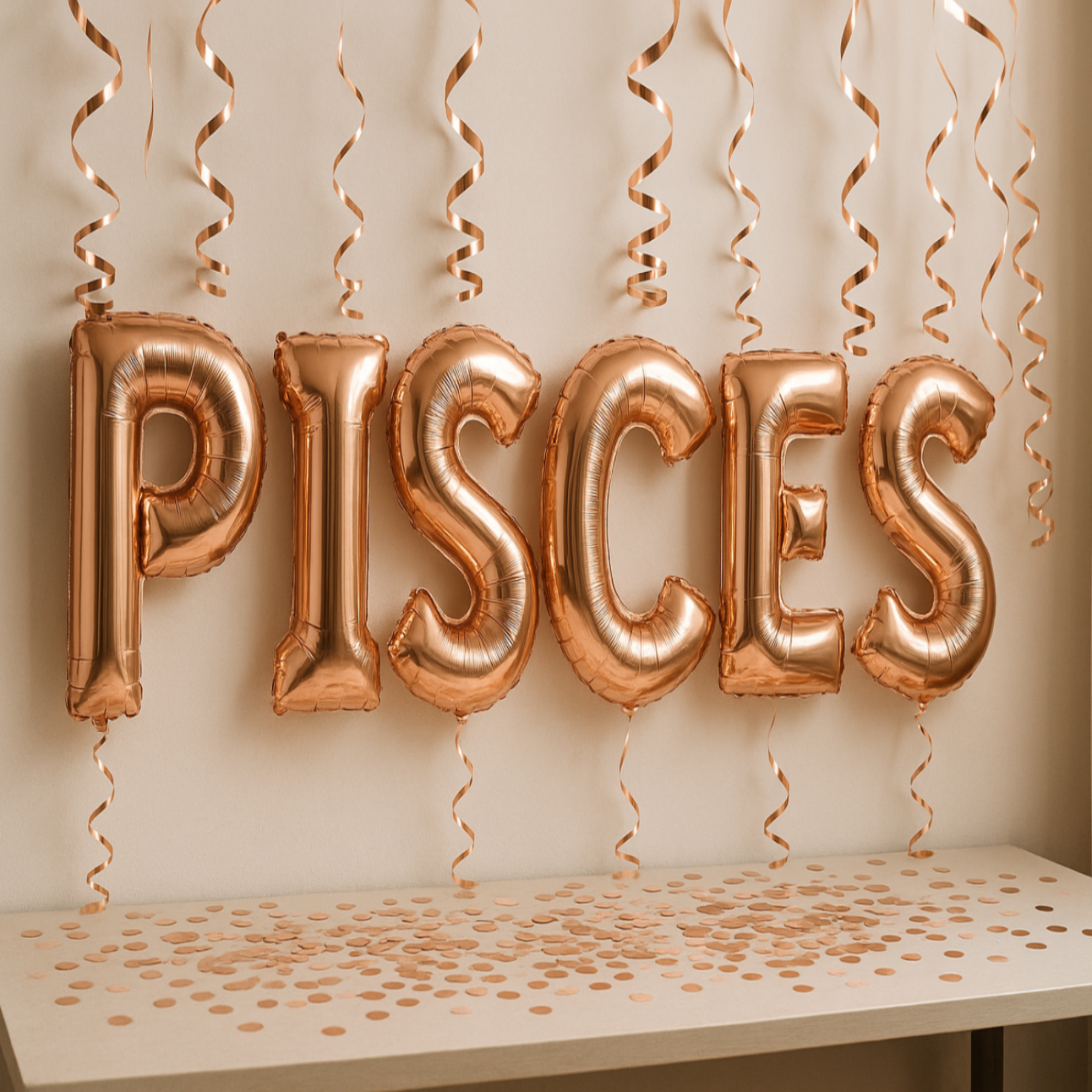 PISCES in foil letter balloons in the color rose gold with a real life party mockup scene.