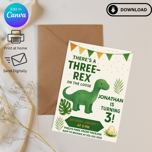 Three Rex Party Invitation – Editable Template (Digital Download)