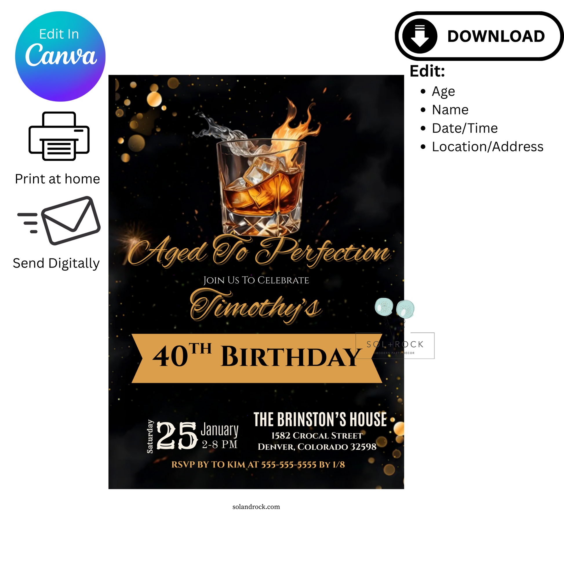 Birthday invitation with a glass of whiskey on fire, featuring text for customization.