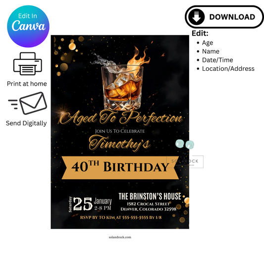 Birthday invitation with a glass of whiskey on fire, featuring text for customization.